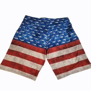 Pelagic Men`s Size 36 Red Blue Flag Print Sharkskin Technology Board Short